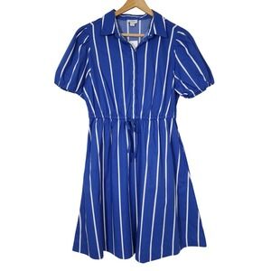 J.Crew Blue White Striped Shirt Dress 4 Puff Sleeve Cotton Tie Waist Pockets